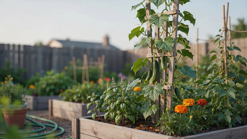 Cucumber vines growing in a garden bed alongside companion plants like basil and marigold flowers.