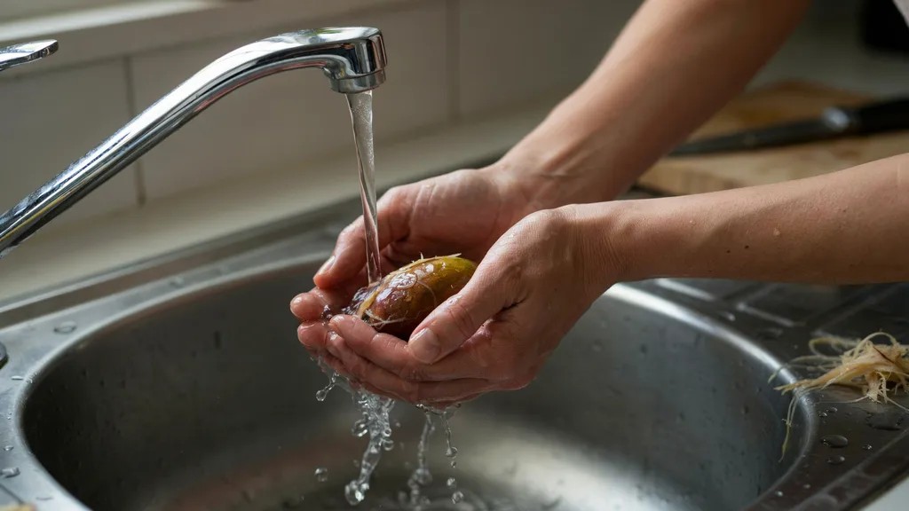 Hands washing a mango pit under running water in a kitchen sink, removing all pulp to prepare the seed properly for the germination process.