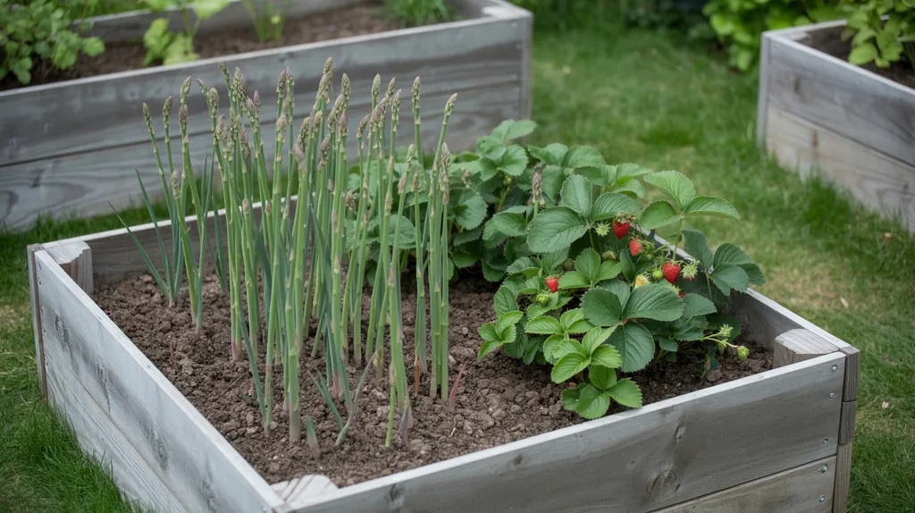 Asparagus growing with strawberries in a raised bed where strawberries act as living ground cover.