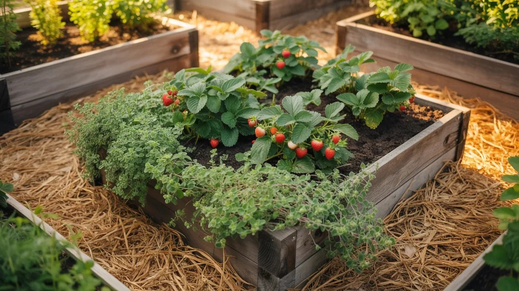 Oregano growing along the edges of a strawberry raised bed acting as ground cover and attracting beneficial insects.