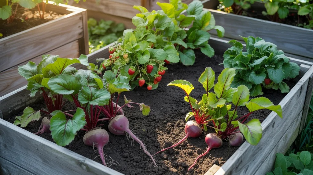 Beets growing alongside strawberries in a raised bed improving drainage and using space efficiently.