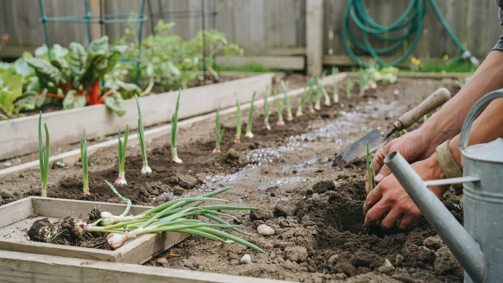 Transplanting onion seedlings at proper spacing in a garden.