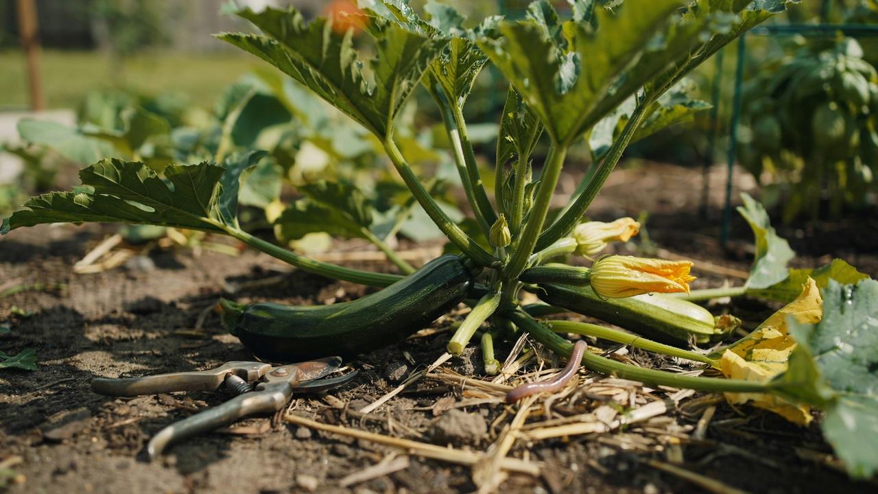 Properly pruned zucchini plant with healthy leaf coverage.