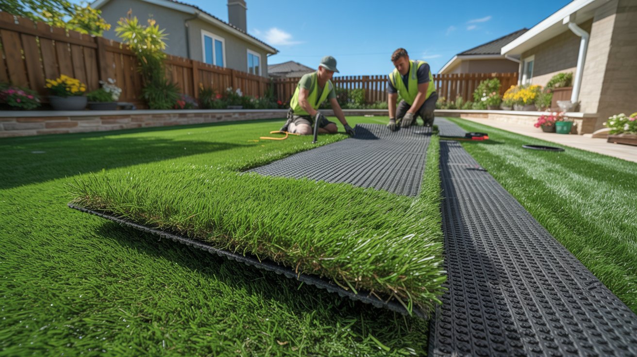 Artificial turf being installed in a residential backyard.