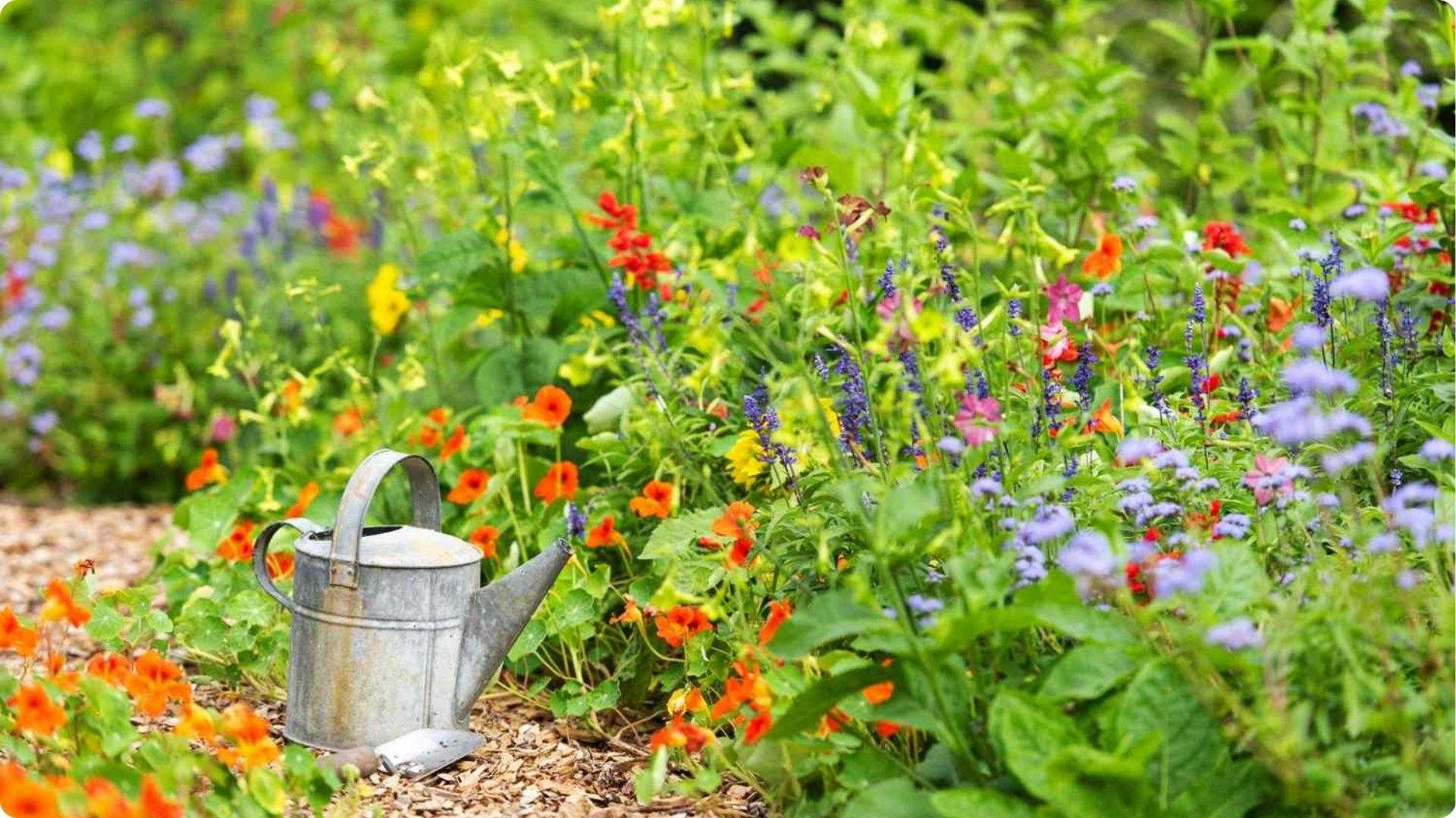 Metal watering can among colorful nasturtiums and herbs, natural companion plants that deter kohlrabi pests
