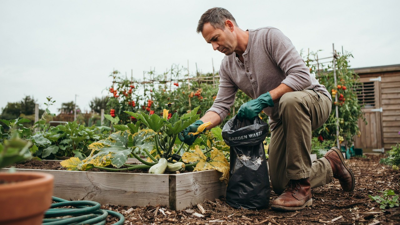 Disposing of diseased zucchini leaves in a garden waste bag.