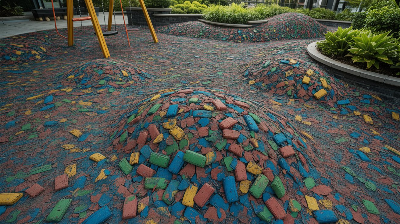 Rubber mulch made from recycled tires used in playgrounds and landscaping.