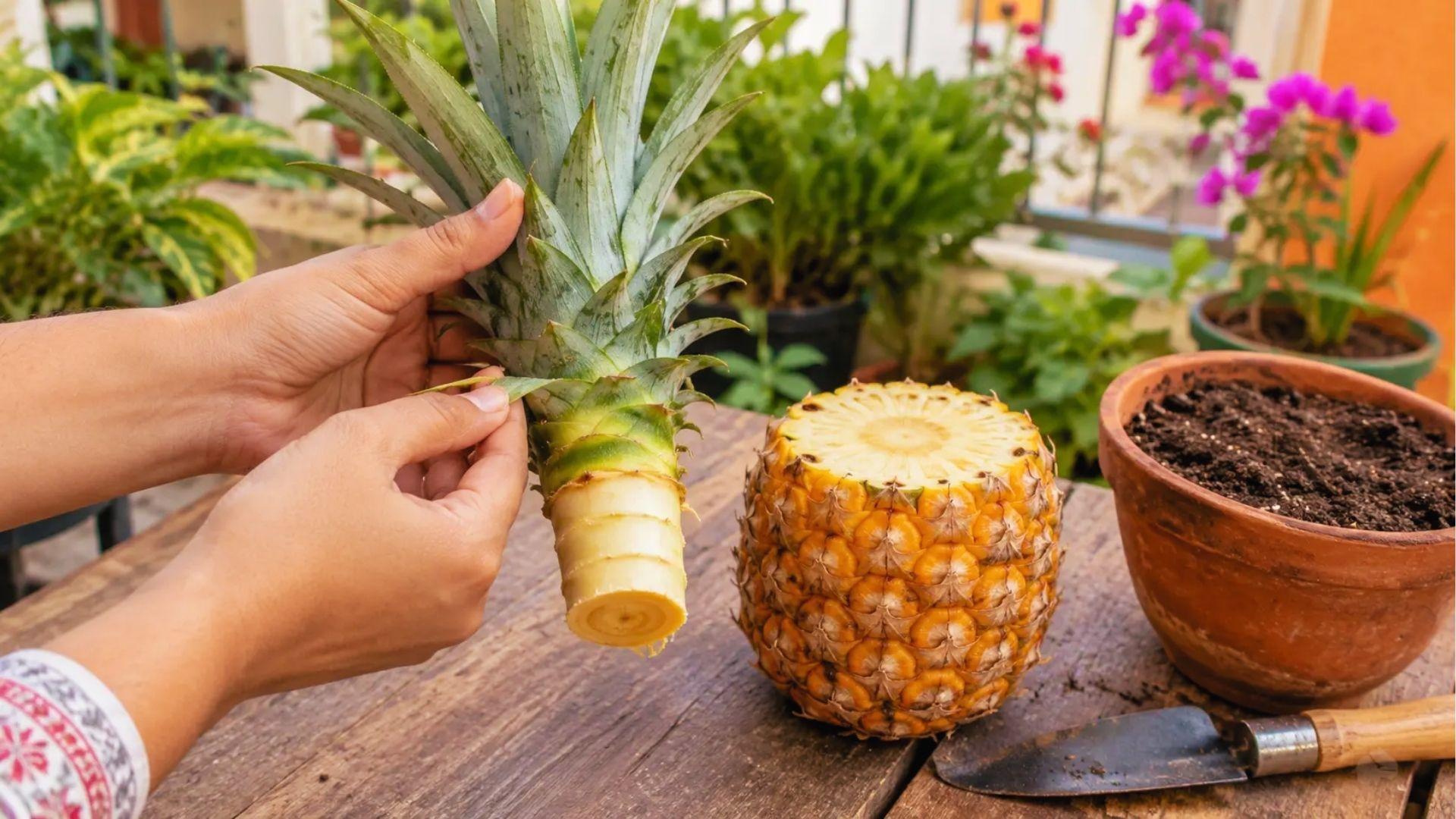 Hands peeling lower leaves from pineapple crown to expose stem for rooting, pot nearby