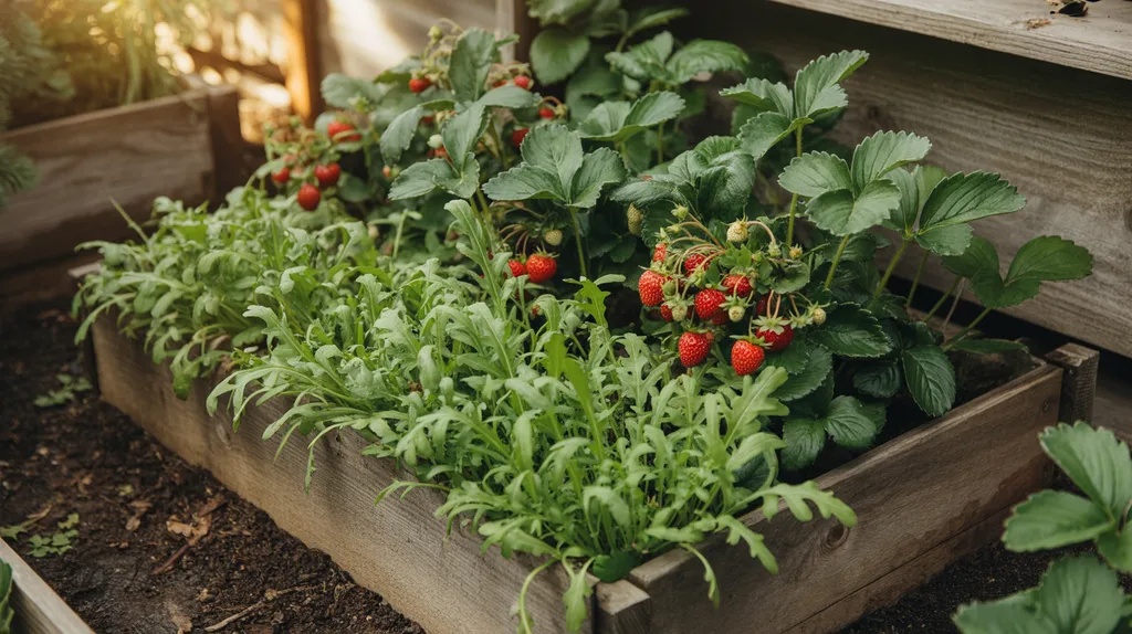 Arugula growing between young strawberry plants in a raised bed filling gaps quickly and providing fast harvest greens.