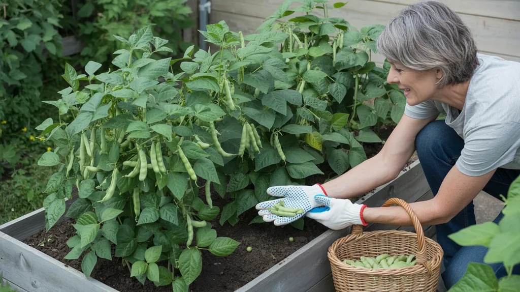 Bush beans growing in raised bed garden