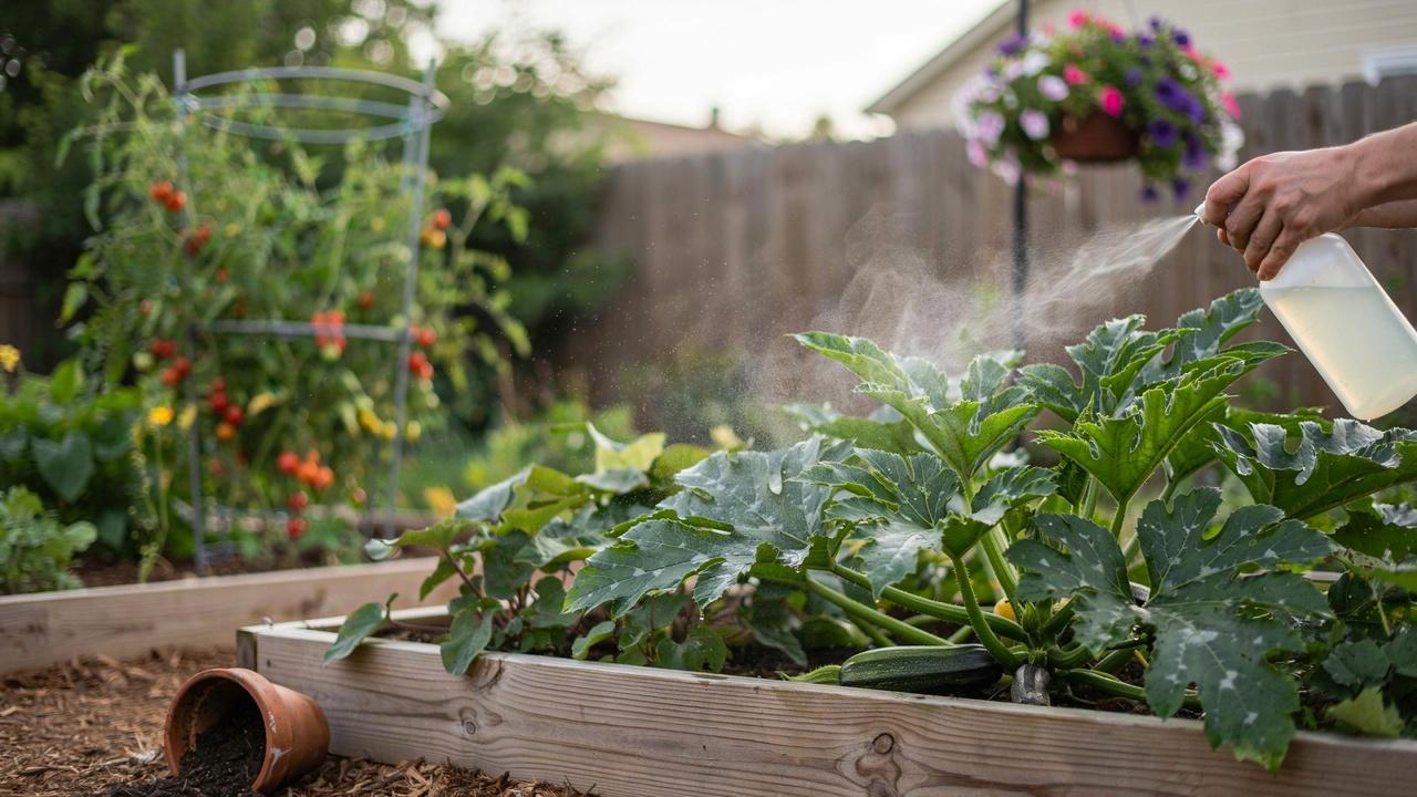 Moderate powdery mildew infection being treated on zucchini plants.