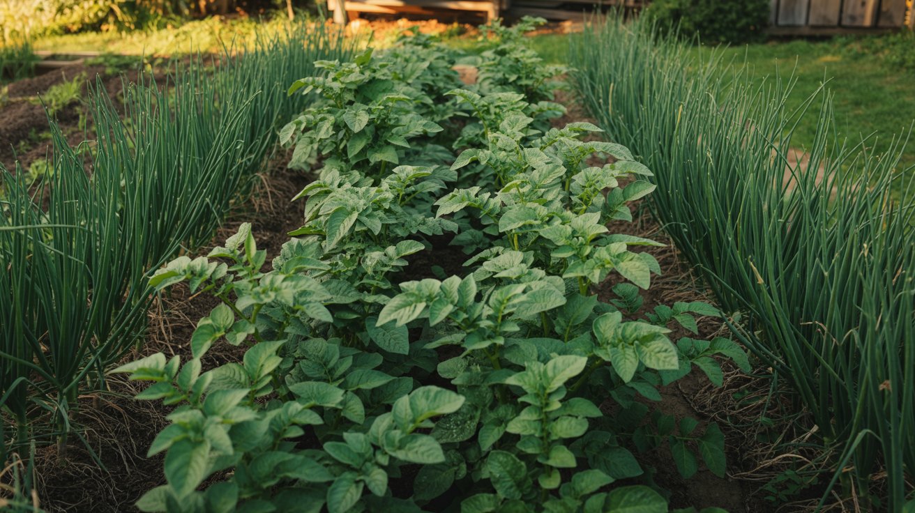 Onions growing near potatoes as part of a natural pest management setup.