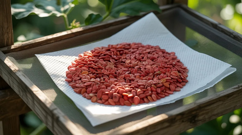 Watermelon seeds drying on a paper towel in a shaded area.