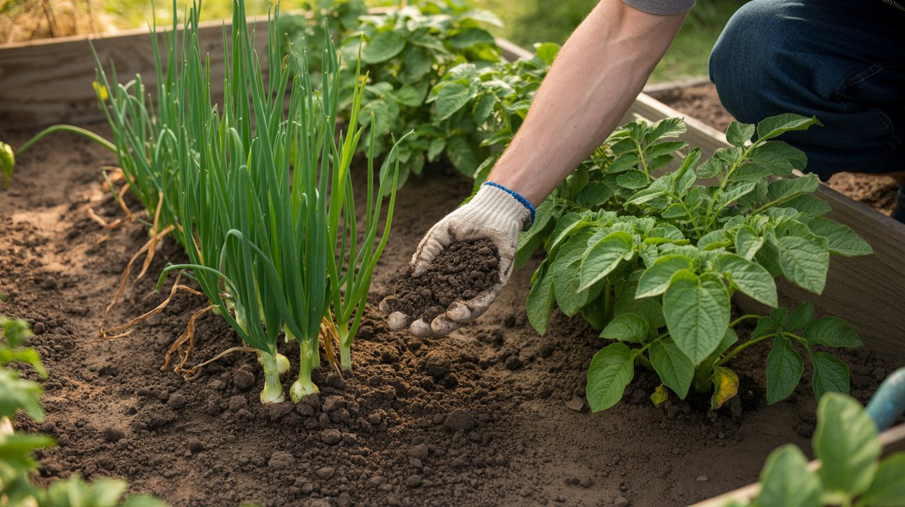 Applying fertilizer to onions and potatoes during the growing season.