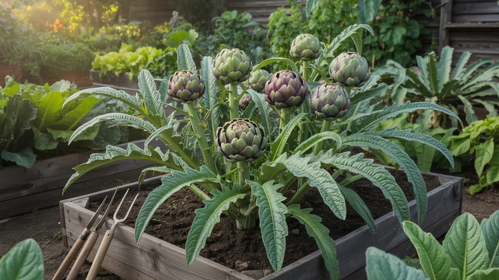 Healthy artichoke plants growing in a sunny home garden ready for harvest.