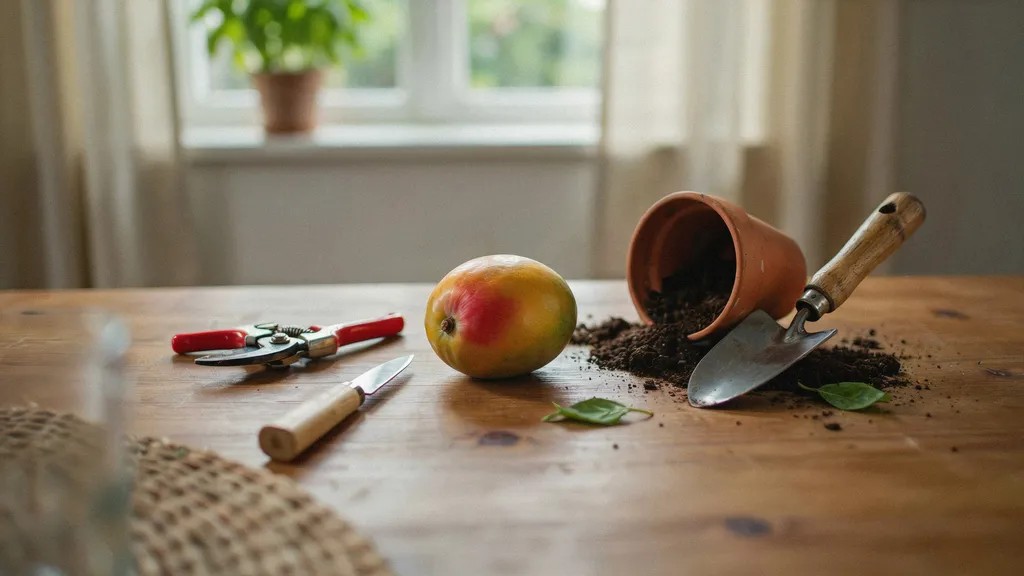 A ripe yellow mango placed beside potting soil, a small pot, knife, and scissors, showing materials needed for mango seed germination at home.