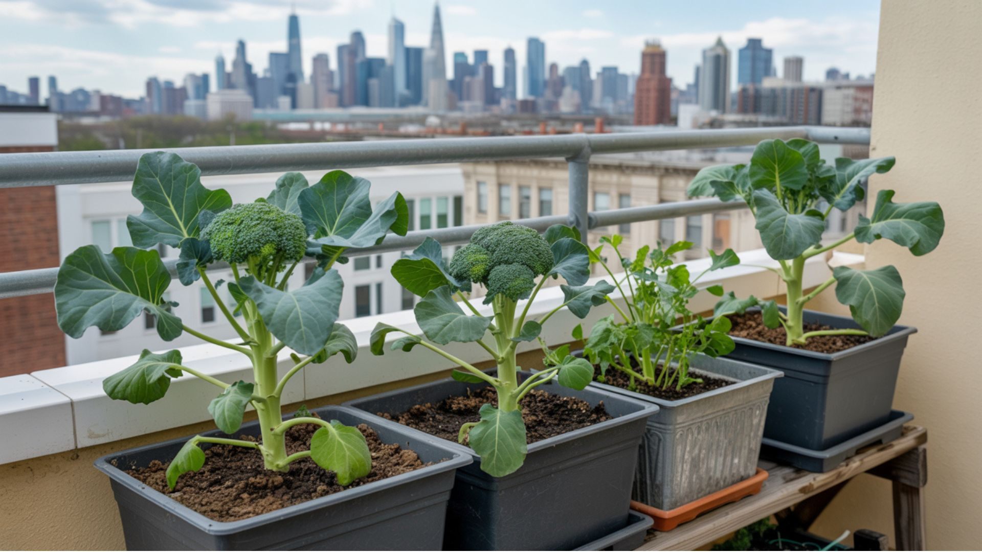Broccoli plants growing successfully in containers on a small balcony.