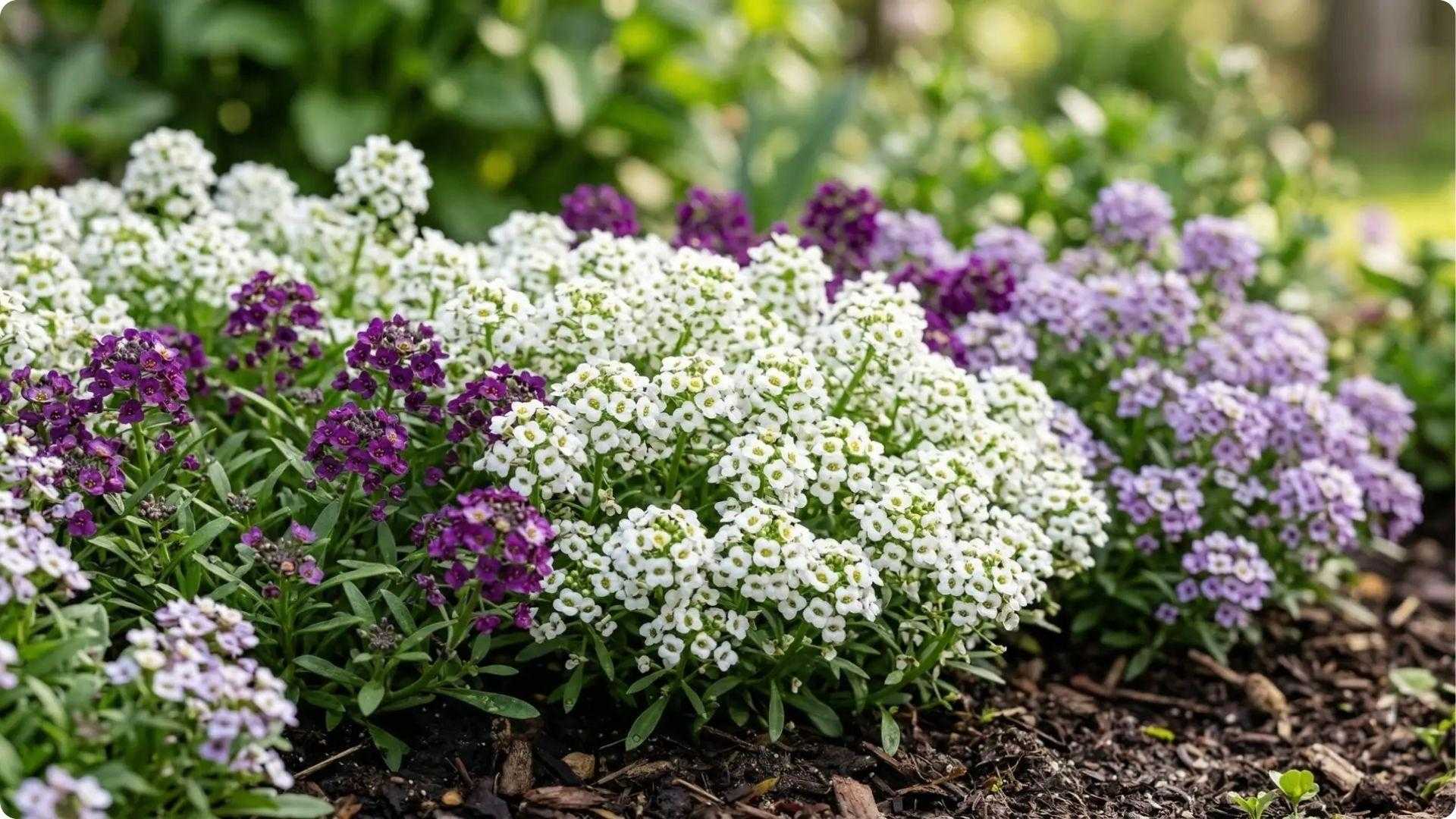 White, purple, and lavender sweet alyssum flowers attracting beneficial insects for kohlrabi companion planting