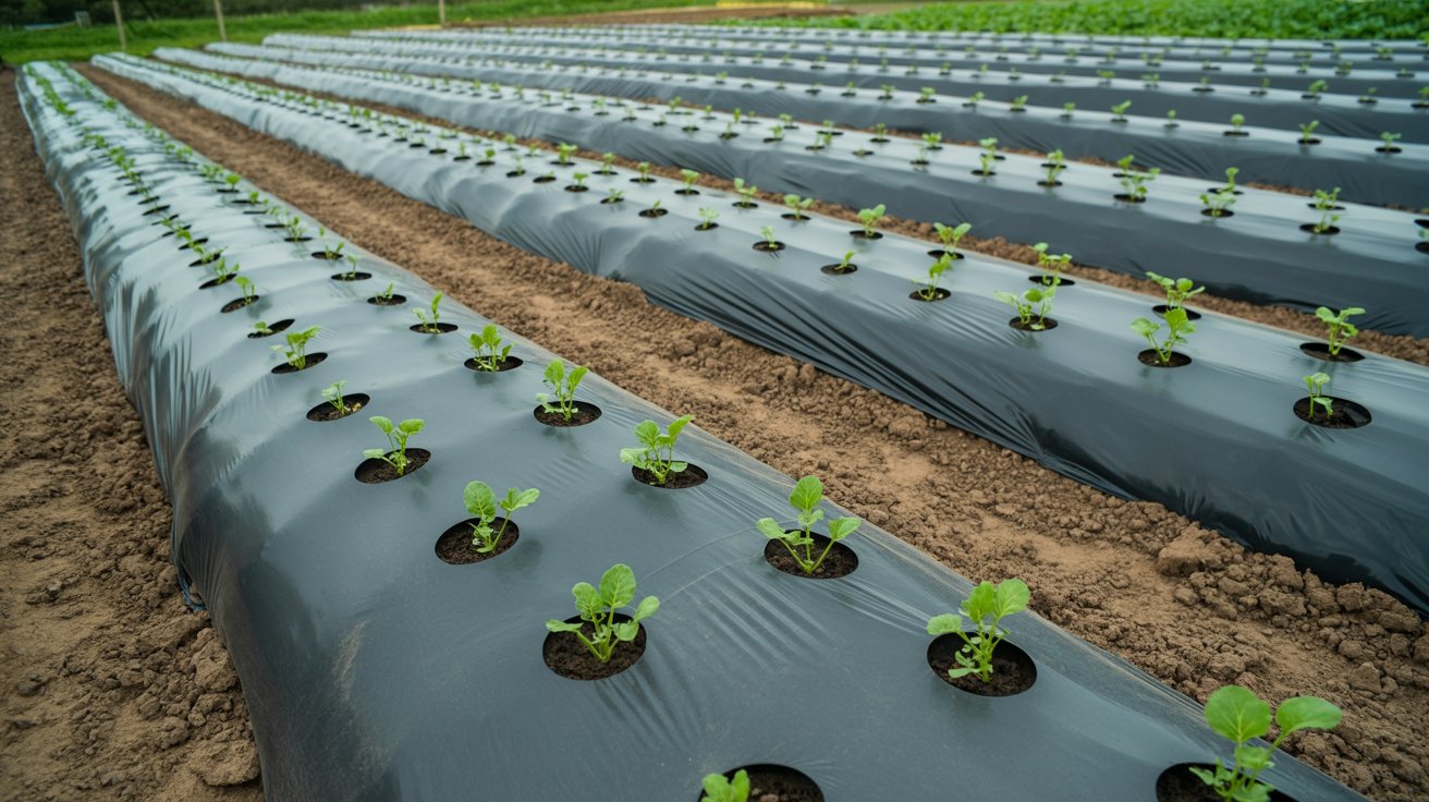 Plastic mulch and landscape fabric used for weed control in a vegetable garden.