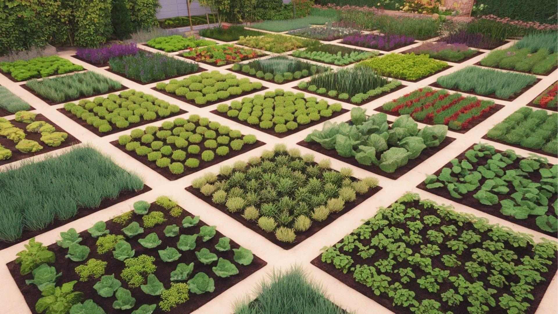 Aerial view of square-foot 20x20 garden with neat crop blocks: lettuce, cabbage, herbs, and onions.