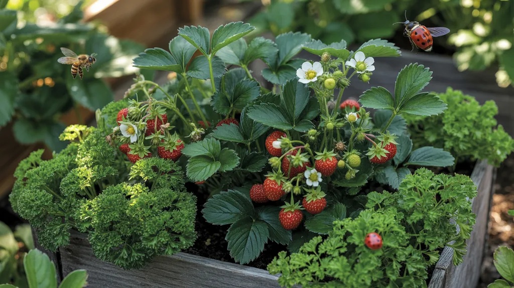 Parsley growing at the edges of a strawberry raised bed attracting beneficial insects and supporting companion planting.